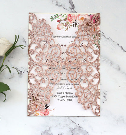 50X Glitter Wedding Invitation Card Laser Cut Romantic Party Floral Personalize