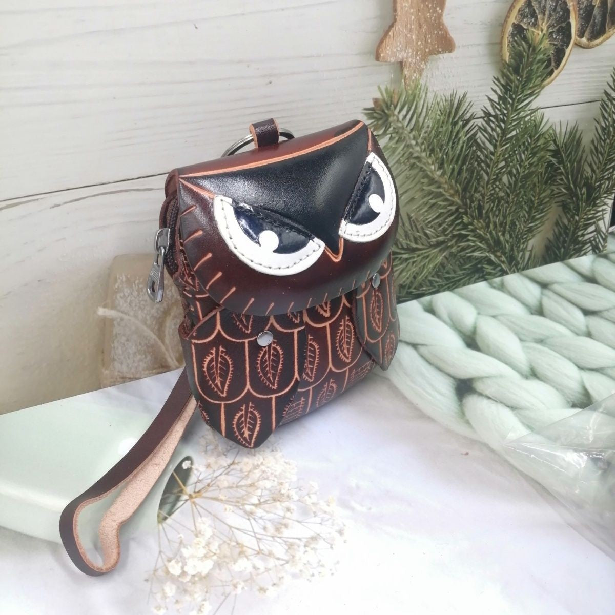 Genuine Leather Owl Coin Purse 3D Ethnic Keychain Bag Phone Pouch Gift