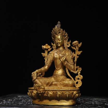 Old Dynasty China Buddhism Tibet Temple Bronze 24K Gilt Kwan-Yin Buddha Statue