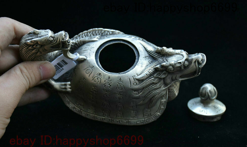 Old China Silver Dragon Tortoise Turtle Wine Tea Pot Flagon Teapot Stoup Statue