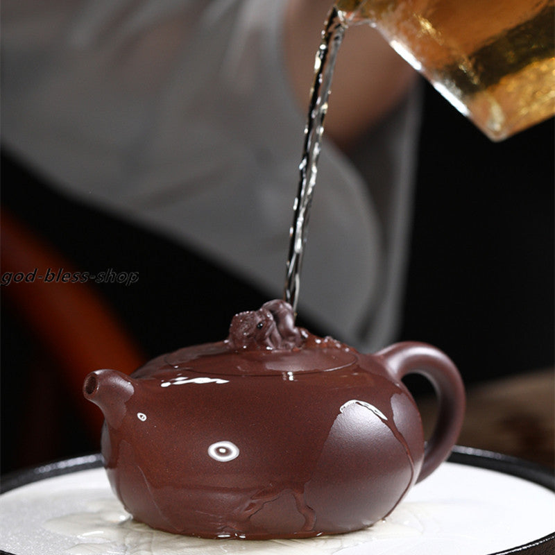 Handmade Tea Pot Mascot Statue On Lid Real Yixing Zisha Pot Marked Master Teapot