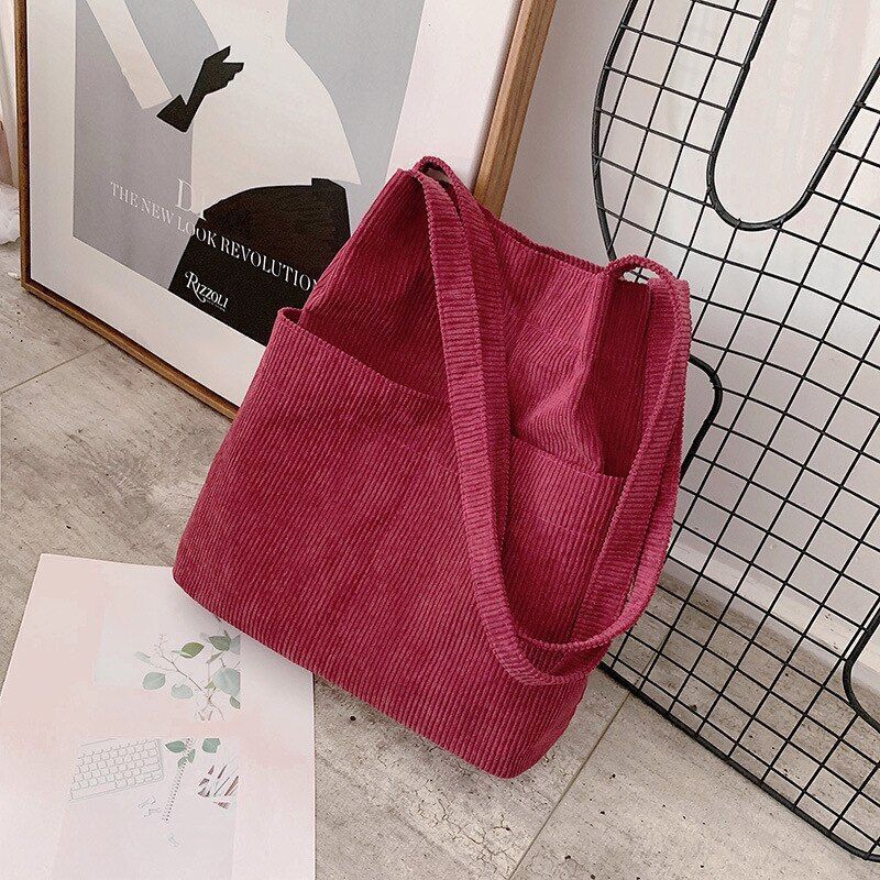 Corduroy Tote Bag Carry Shoulder Bag Retro Handbag Inner Pocket Travel Shopping