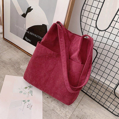 Corduroy Tote Bag Carry Shoulder Bag Retro Handbag Inner Pocket Travel Shopping