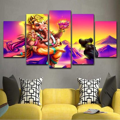 Lord Ganesha With Lotus Flower Poster 5 Panel Canvas Print Wall Art Home Decor