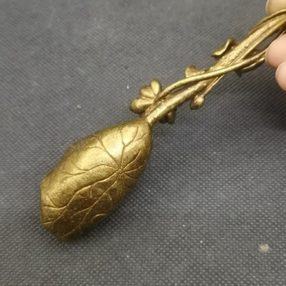 Vintage Brass Tea Spoon Lotus Leaf Flower Carved Tea Ceremony Scoop