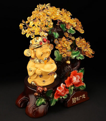 9" Yellow Crystal Chinese Money Tree Wealth God Bonsai Statue Feng Shui Decor