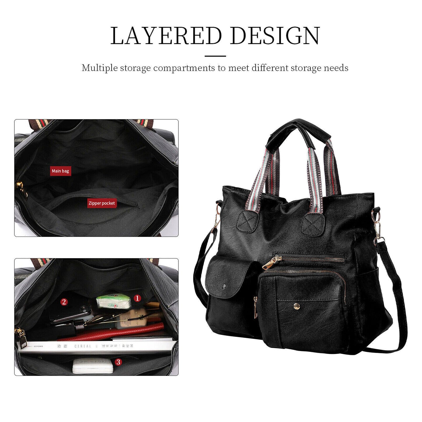 Womens Large Tote Handbag PU Leather Shoulder Hobo Bag Satchel w/ Multi Pockets