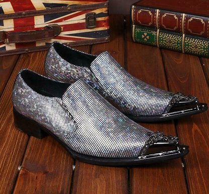 Men Leather Casual Nightclub Shiny Metal Pointy Toe Wedding Dress Business Shoes