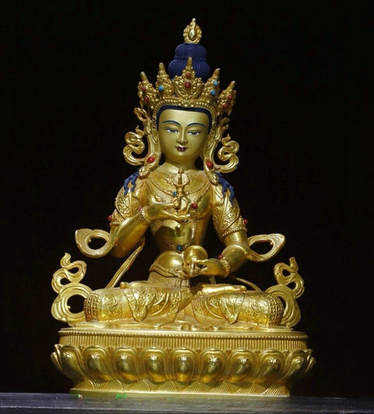 12'' Old Nepal Pure Bronze Gilt Painting Vajradhara Vajrabhairava Buddha Statue