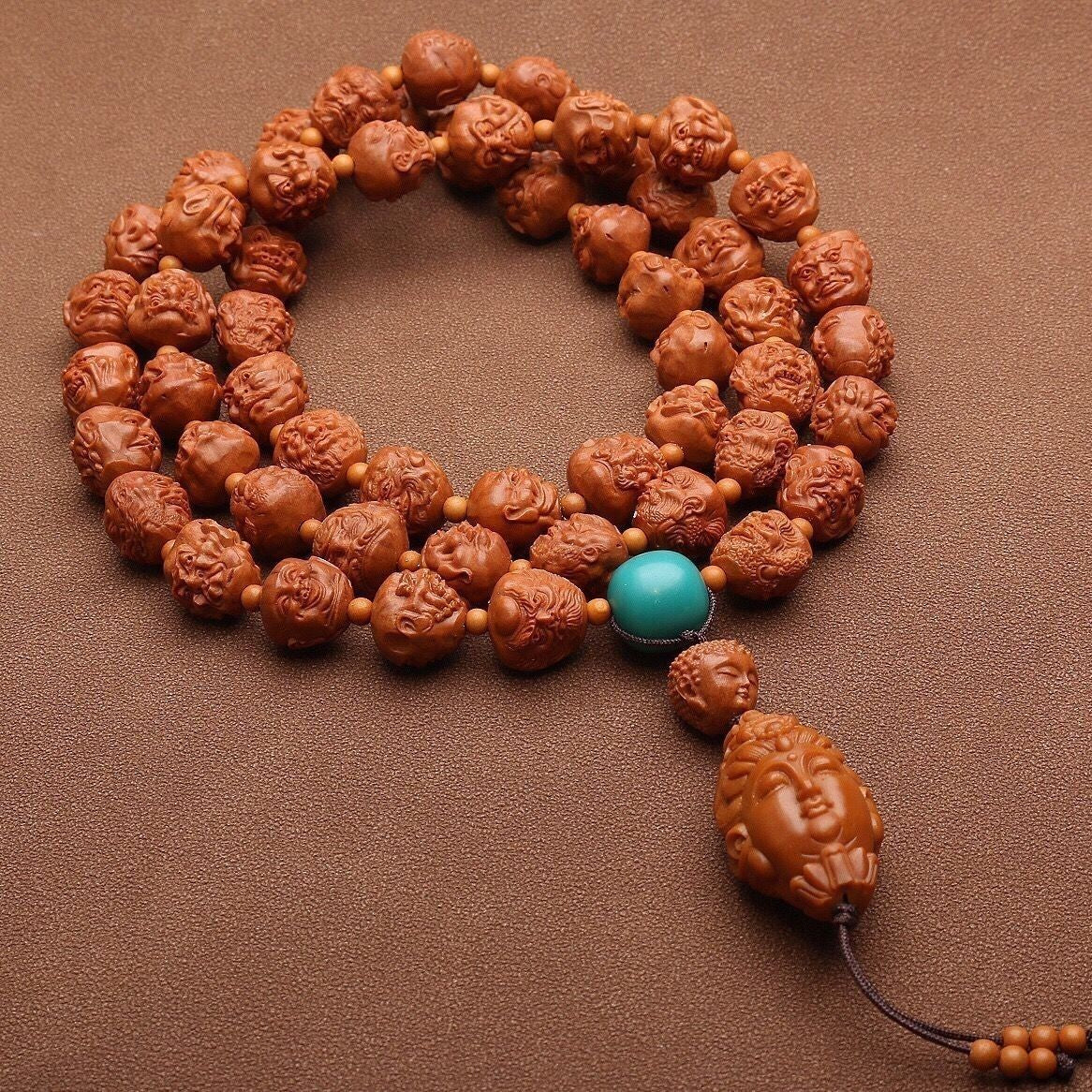 Walnut Carved 108 Arhat Beaded Necklace 54 Beads Buddhist Prayer Mala