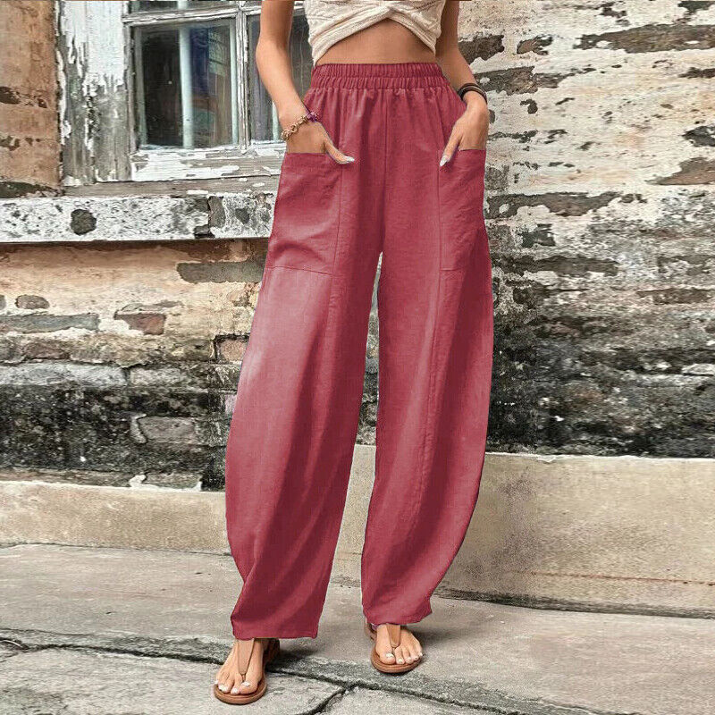 Women Summer Ice Silk Pocket Wide Leg Baggy Pants Elastic High Waist Trousers