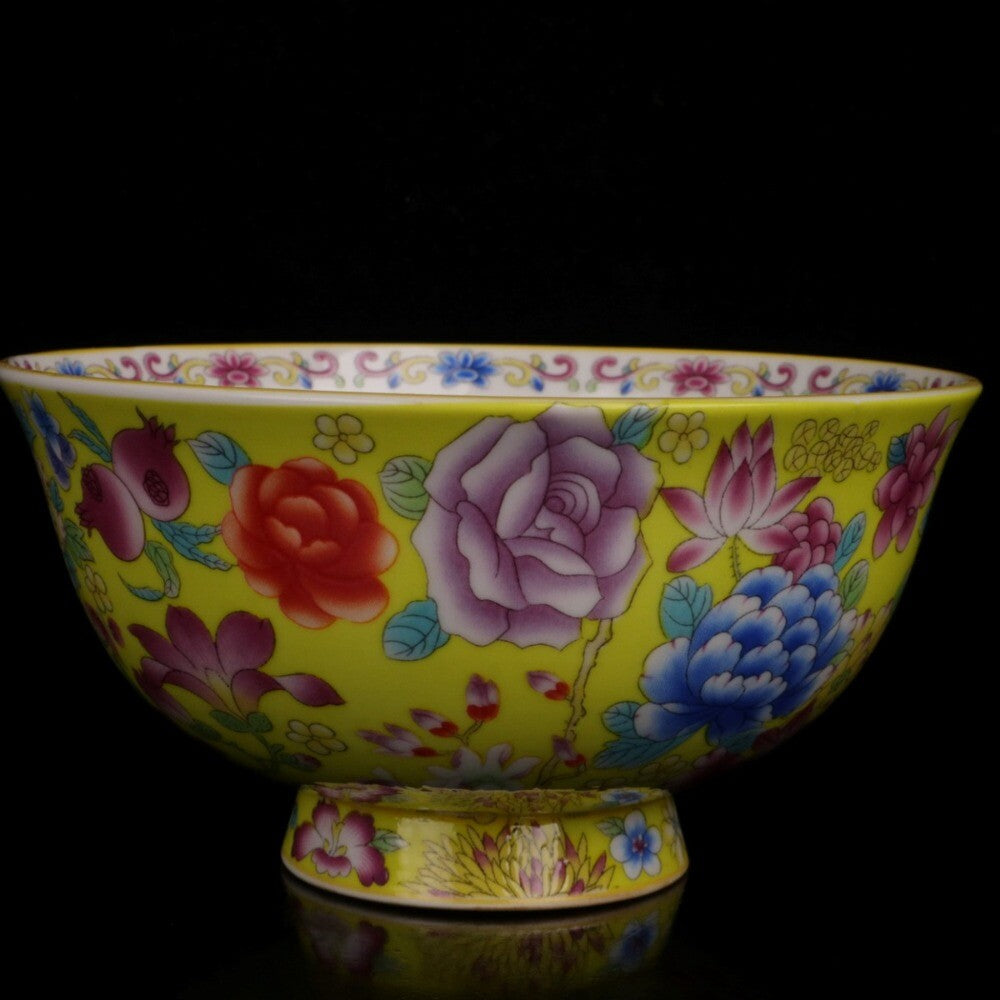Old Chinese porcelain Yellow glaze color Painted flowers bowl Qianlong Mark a404