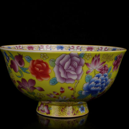Old Chinese porcelain Yellow glaze color Painted flowers bowl Qianlong Mark a404