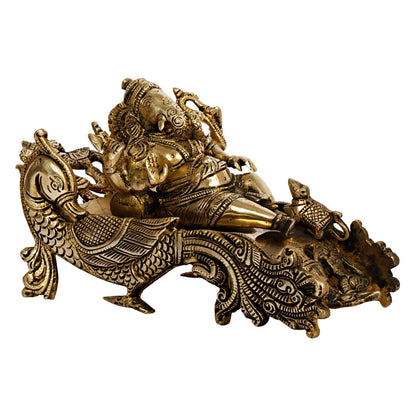 Brass Ganesha Bhagwan Idol Resting on Designer Peacock Couch Figurines