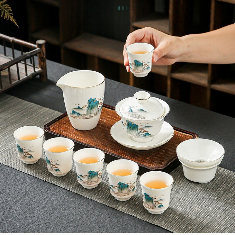 Chinese Tea Set Fat Mutton Jade Porcelain Gaiwan Pitcher Tea Cup Mountain Print