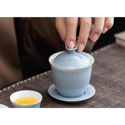Golden Line Dusty Blue Jade Ceramic Gaiwan 135ml 4.5oz Handmade Kungfu Tea Set