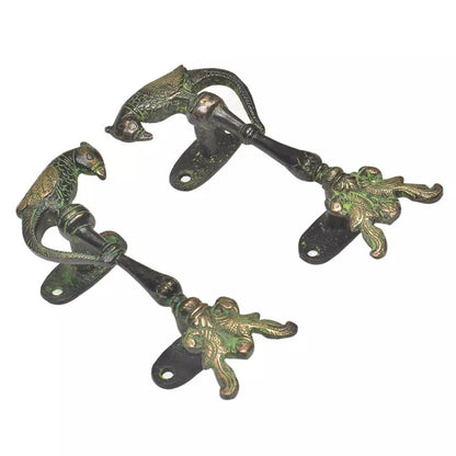 Set of 2 Antique Look Green Patina Brass Peacocks With Parrot On Top Door Handle