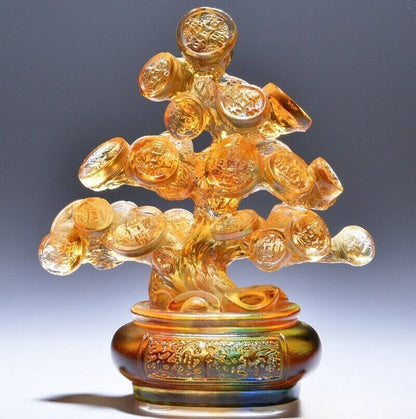 Crystal Coin Tree Statue Chinese Liu Li Glass Feng Shui Wealth Bonsai Money Deco