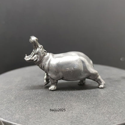 Old Black Brass Collection Open Mouth Hippo Model Statue Car Lucky Ornament