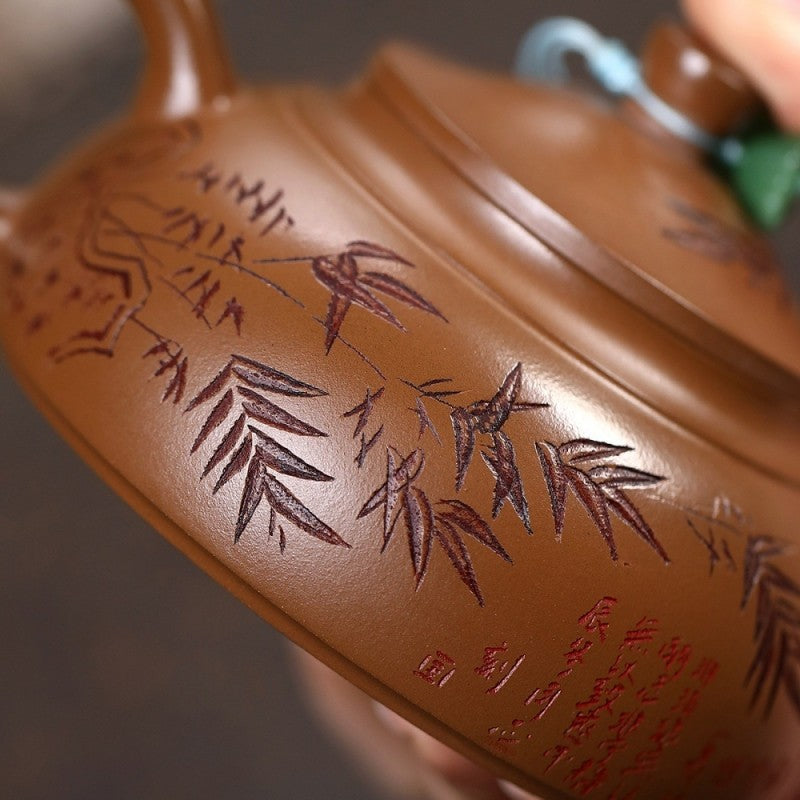 Handmade Tea Pot Marked Bamboo Carved Real Yixing Zisha Clay Master Pot 180ml