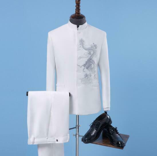 New Mens Chinese Embroidered Stand Collar Suit Slim Fit Jacket Pants Coat 2 Pcs
