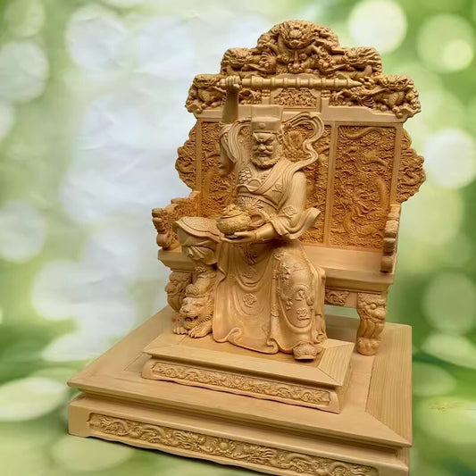 12" Cypress Wood Carved Zhao Gongming God of Wealth Statue Feng Shui Home Decor