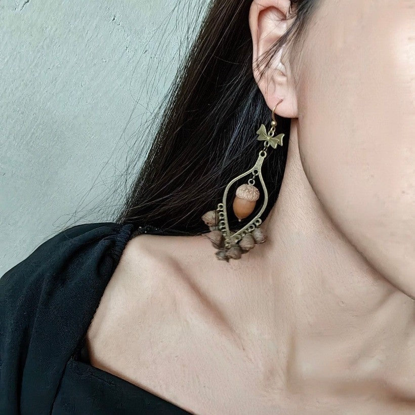 Natural Acorn Earrings Handmade Forest Style Fruit Dangle Earrings Pair