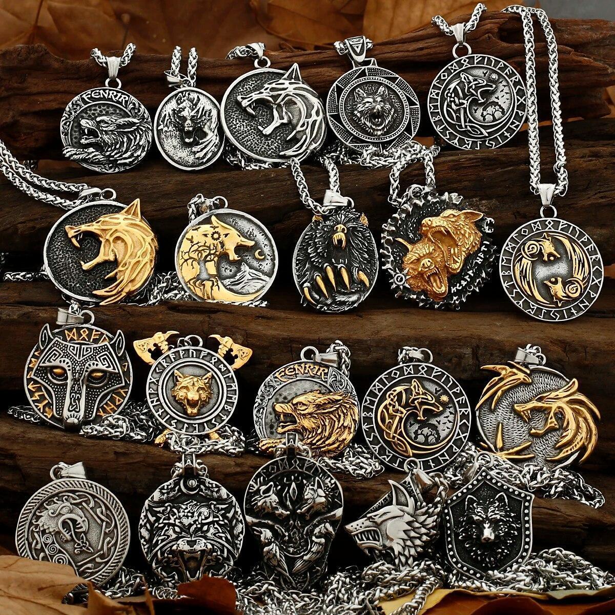 Wolf Necklaces Viking Style Wolf Head Pendant Runes Stainless Steel Necklace