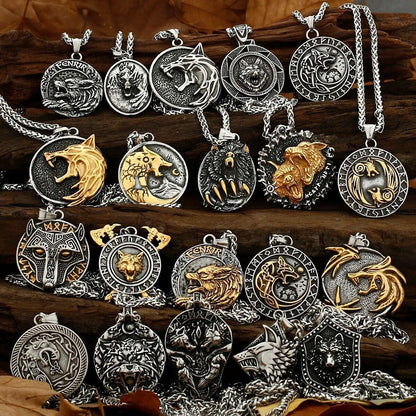 Wolf Necklaces Viking Style Wolf Head Pendant Runes Stainless Steel Necklace