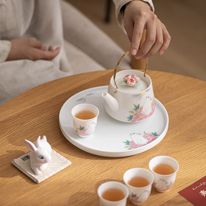 Chinese Complete Tea Set Porcelain Tea Pot With Handle Tea Cup Serving Tray New