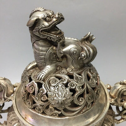 Superb Old Chinese tibet silver handcarved lion foo dog lid incense burner
