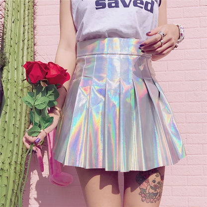 Women Mini Skirt Lycra Lanon Rainbow Fashion Casual Sexy Laser Hight Waist Dress
