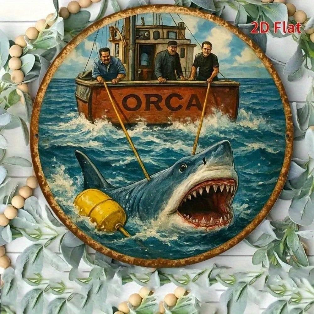 Vintage 8x8 Tin Sign Orca Boat Shark Attack Retro Nautical Wall Art for Home Bar