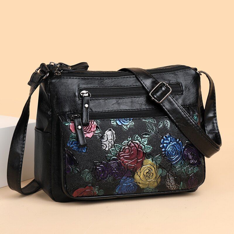 Soft Leather Messenger Shoulder Handbag Purse Flowers Multi-pocket Crossbody 1PC