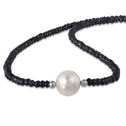 S925 Silver Single Pearl Necklace Shell Cut Black Crystal Beaded Necklace