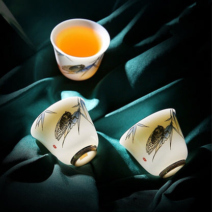 Dehua Fat Mutton Jade Porcelain Tea Cup 50ml Hand Drawing Floral Fish Painted