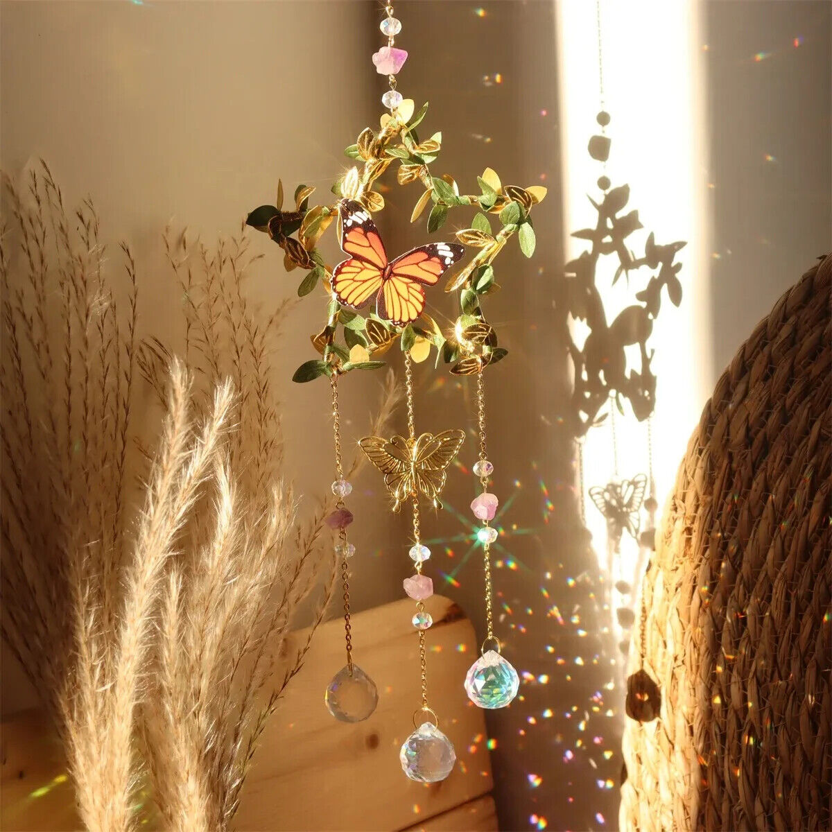 Wind Chimes K9 Crystals Star Moon Vine Winding Butterfly Hanging Rainbow Chasers