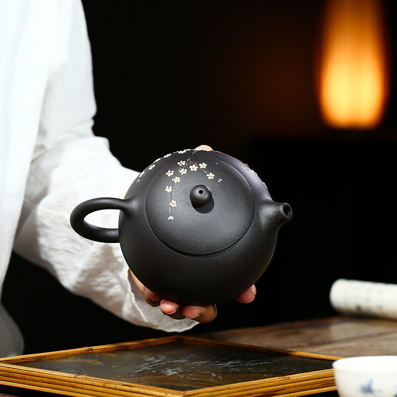 China Yixing Zisha Pottery Black Clay Handmade 450cc Plum Blossom Teapot