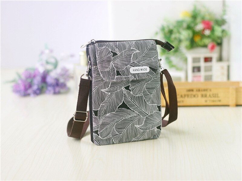 Canvas Leaves Print Women Handbag Small Shoulder Crossbody Phone Bag Money Pouch