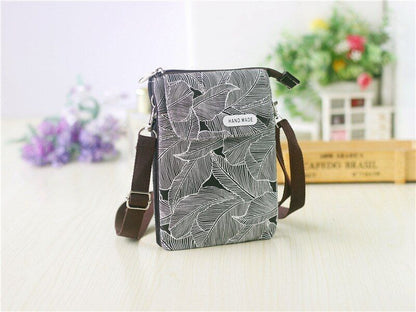 Canvas Leaves Print Women Handbag Small Shoulder Crossbody Phone Bag Money Pouch