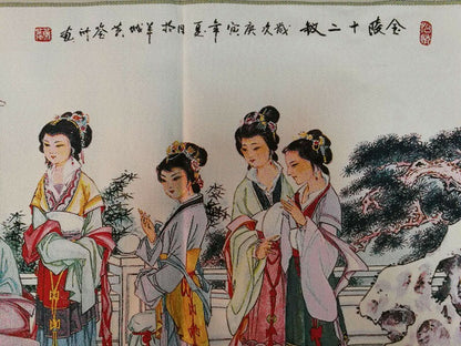 Old Chinese Buddhism Silk Embroidery Painting "Twelve Golden Hairpins"