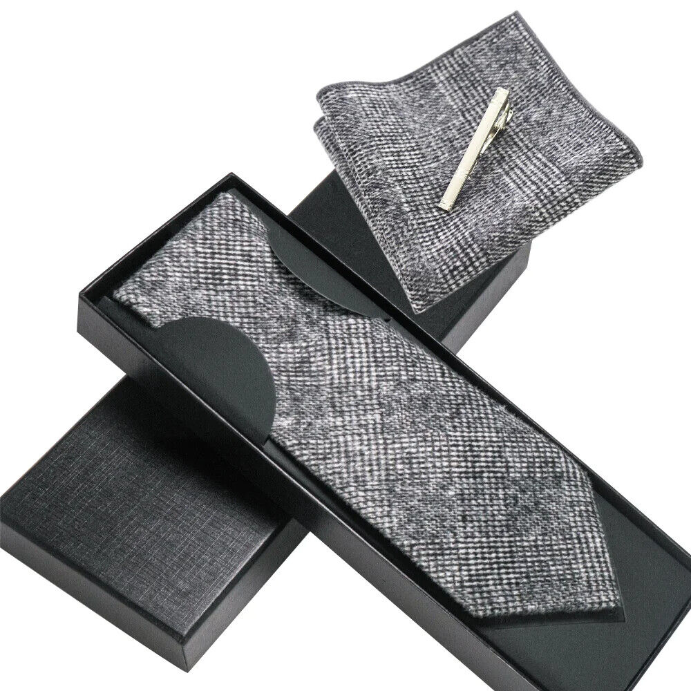 Men Necktie Set 3Pcs Clips Handkerchief Wool Gift Ties Suits Wedding Accessories