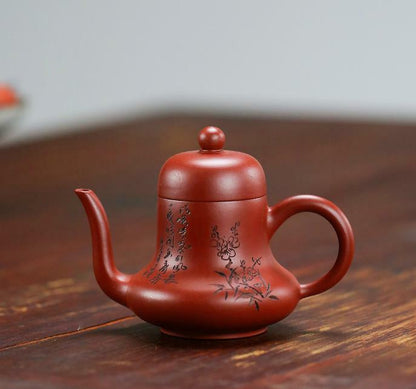 130ml Chinese Purple Clay Handmade Peach Blossom Pattern Bottle Gourd Teapot