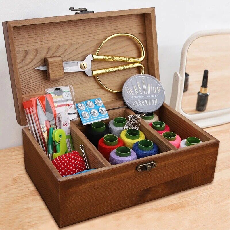 Sewing Box Home Set Needles Threads Tools Craft Kit Storage Boxes 21x13x9cm Wood