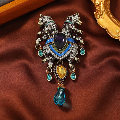 Vintage Double Leopard Brooch Set 2Pcs Crystal Tassel Suit Lapel Pin