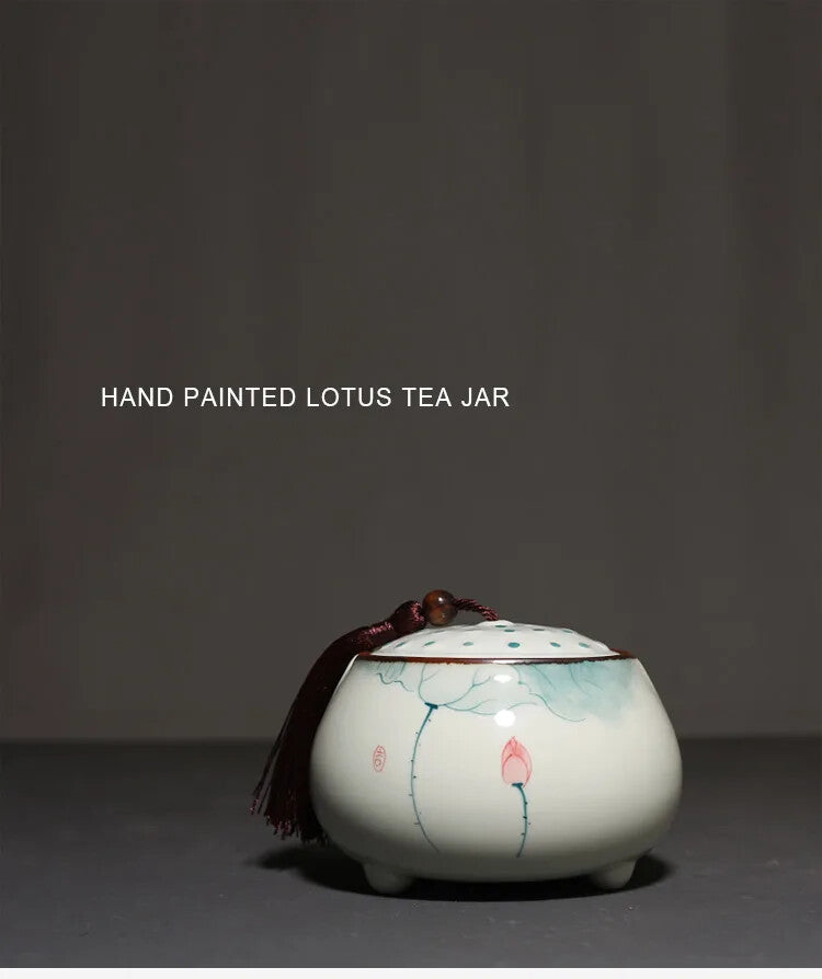 Hand Painted Lotus Ceramic Tea Jar Traditional Chinese Tea Storage Tins