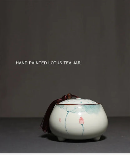 Hand Painted Lotus Ceramic Tea Jar Traditional Chinese Tea Storage Tins