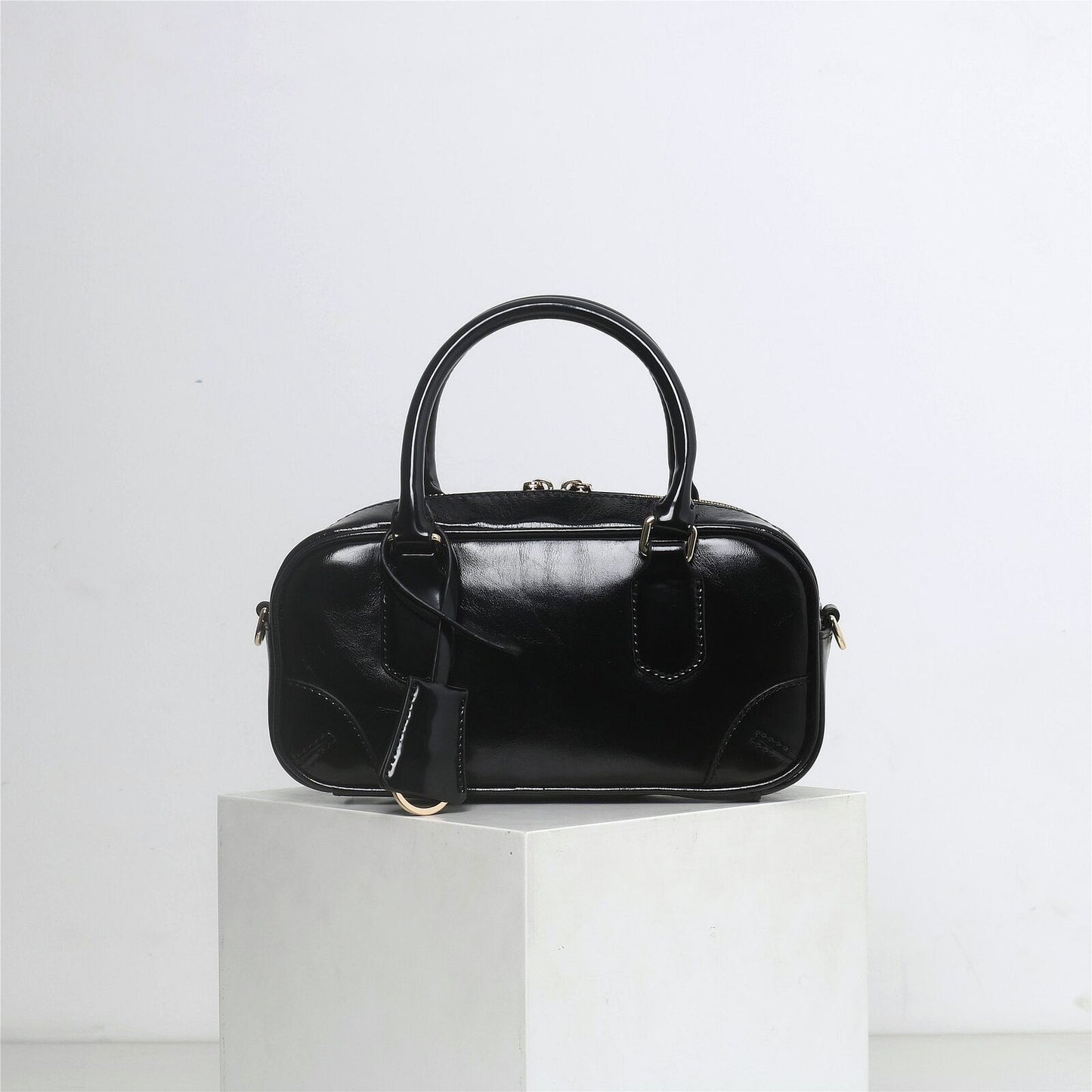 Small Glossy Real Leather Tote Boston Bowling Handbag Fashion Shoulder Bag Purse