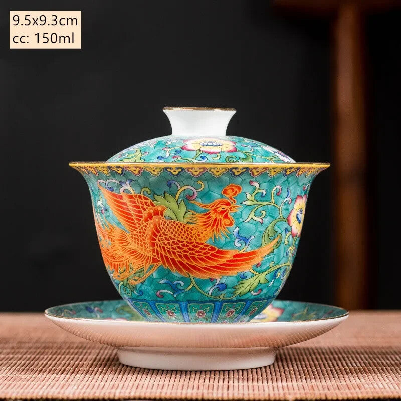 Ceramics Sancai Gaiwan Bowl Dragon and Phoenix Tea Cup Handmade Enamel Color