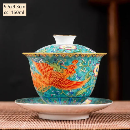 Ceramics Sancai Gaiwan Bowl Dragon and Phoenix Tea Cup Handmade Enamel Color